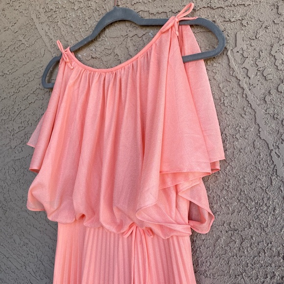 VINTAGE 1970s NEW Salmon Coral Orange Pink Pleated Grecian Bridesmaid Maxi Dress - Picture 4 of 10